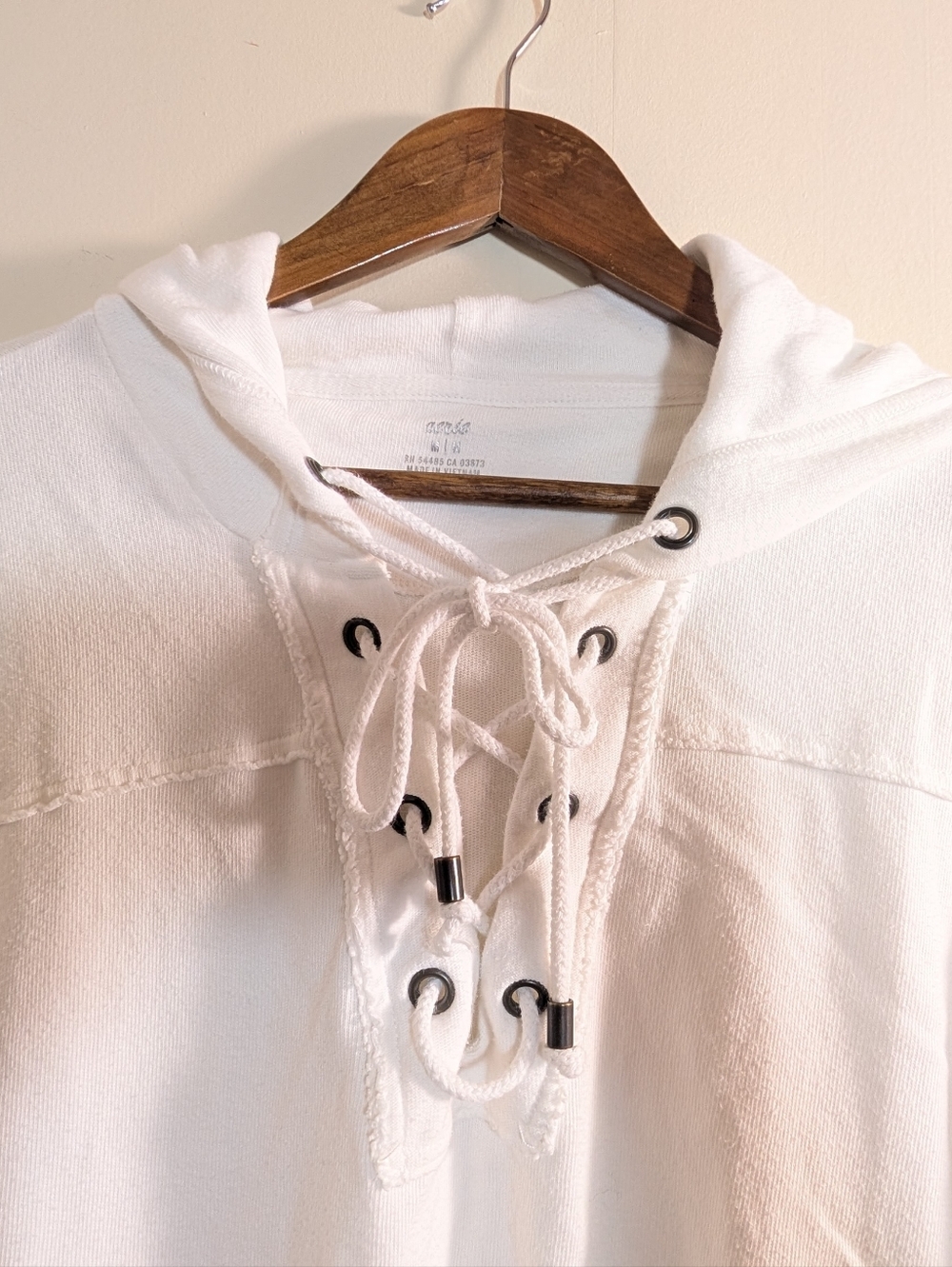 Aerie White Oversized Cotton Lace Up Hoodie Pullover Sweatshirt - Picture 3 of 8